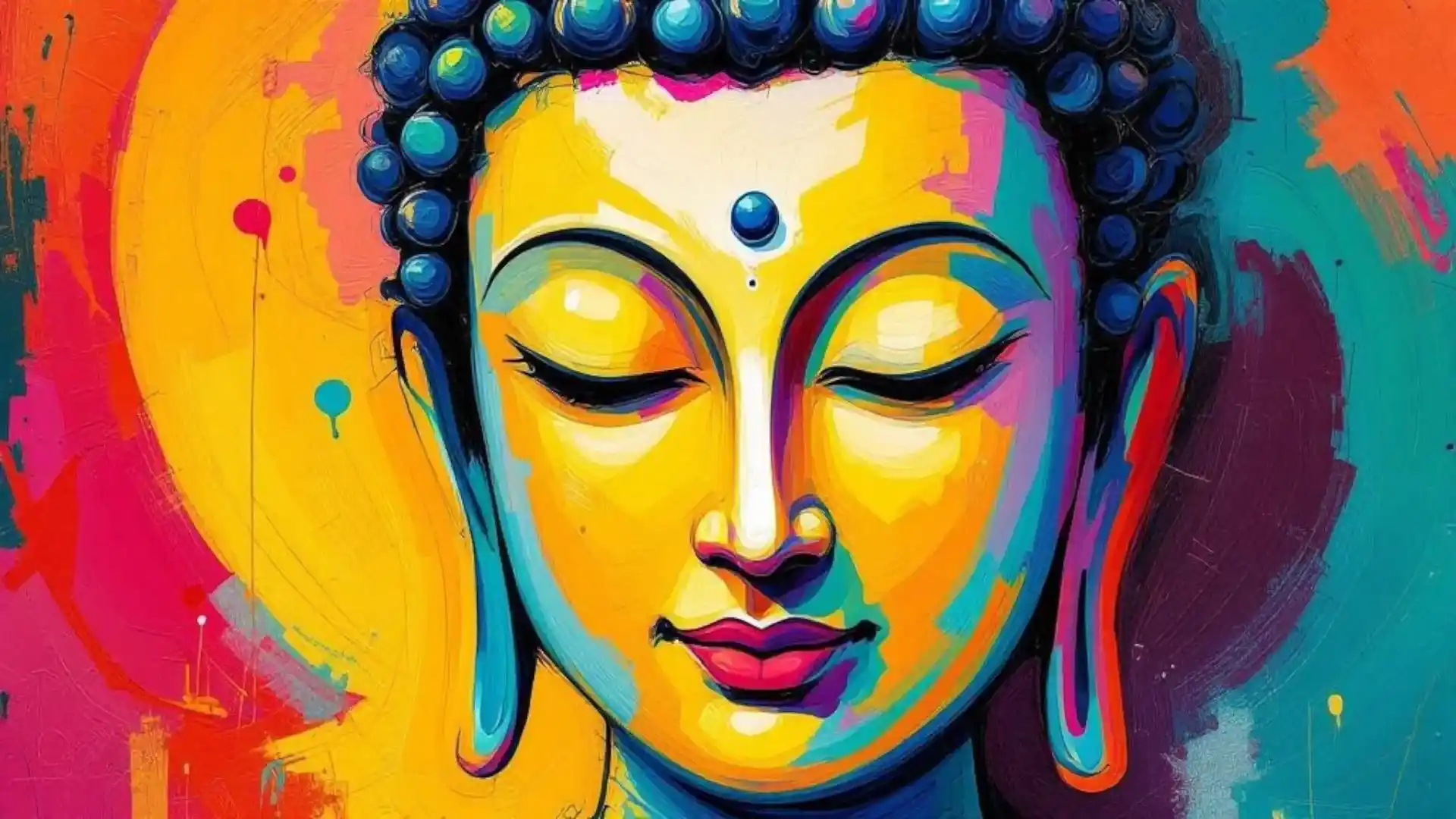 Colorful artistic depiction of Buddha's face with closed eyes, featuring bright yellow and blue tones against a multicolored background.
