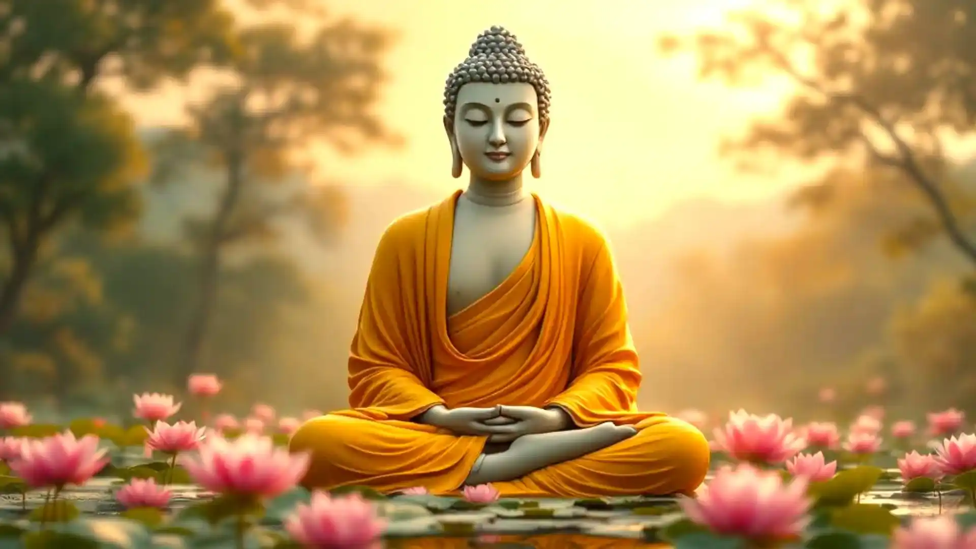 Buddha statue in yellow robe meditating amidst lotus flowers with a warm, golden background.