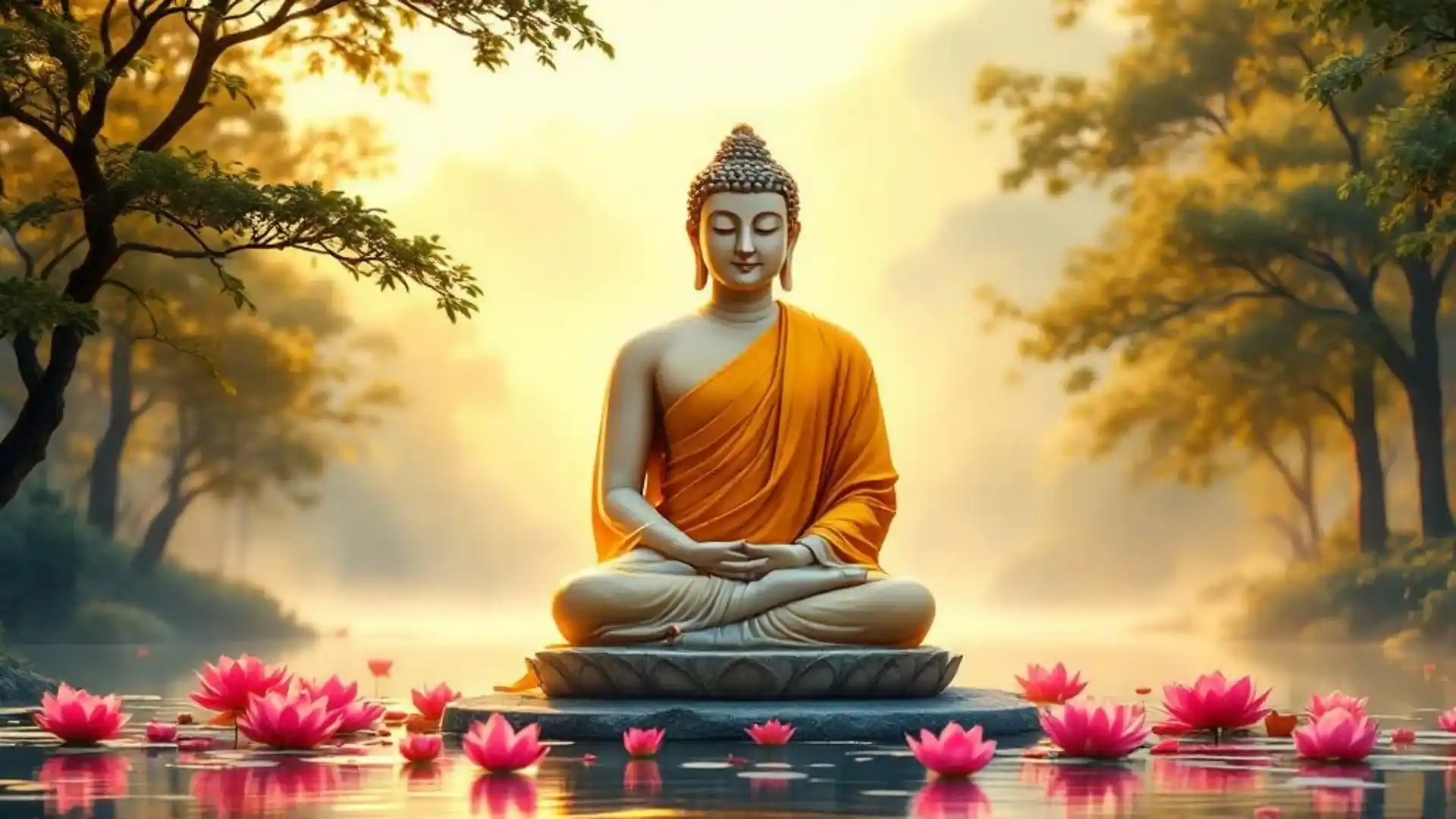 A serene statue of the Buddha seated on a lotus pedestal, surrounded by pink lotus flowers and lush trees, with a misty ambiance in the background.