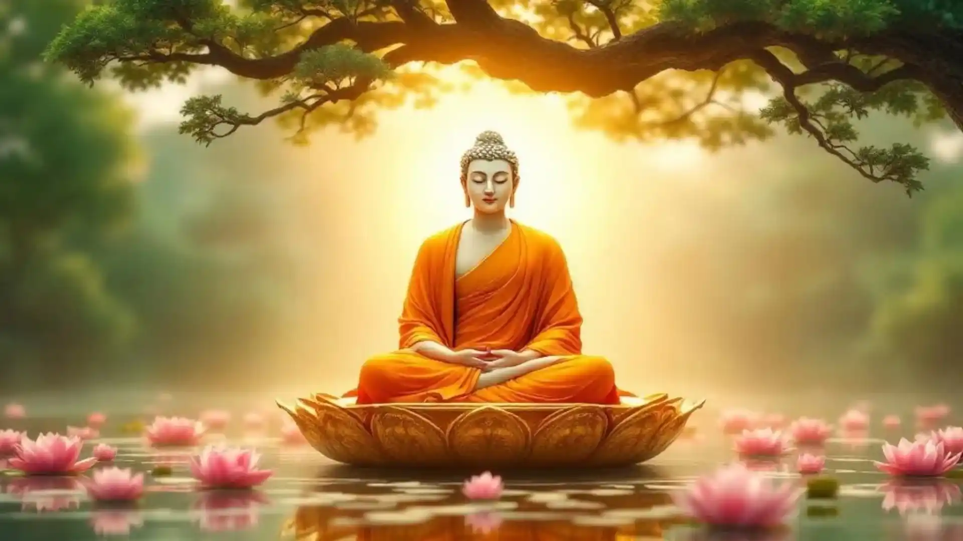 A serene figure in orange robes sits cross-legged on a lotus-shaped platform, surrounded by blooming pink lotus flowers in water, illuminated by a soft, golden glow.