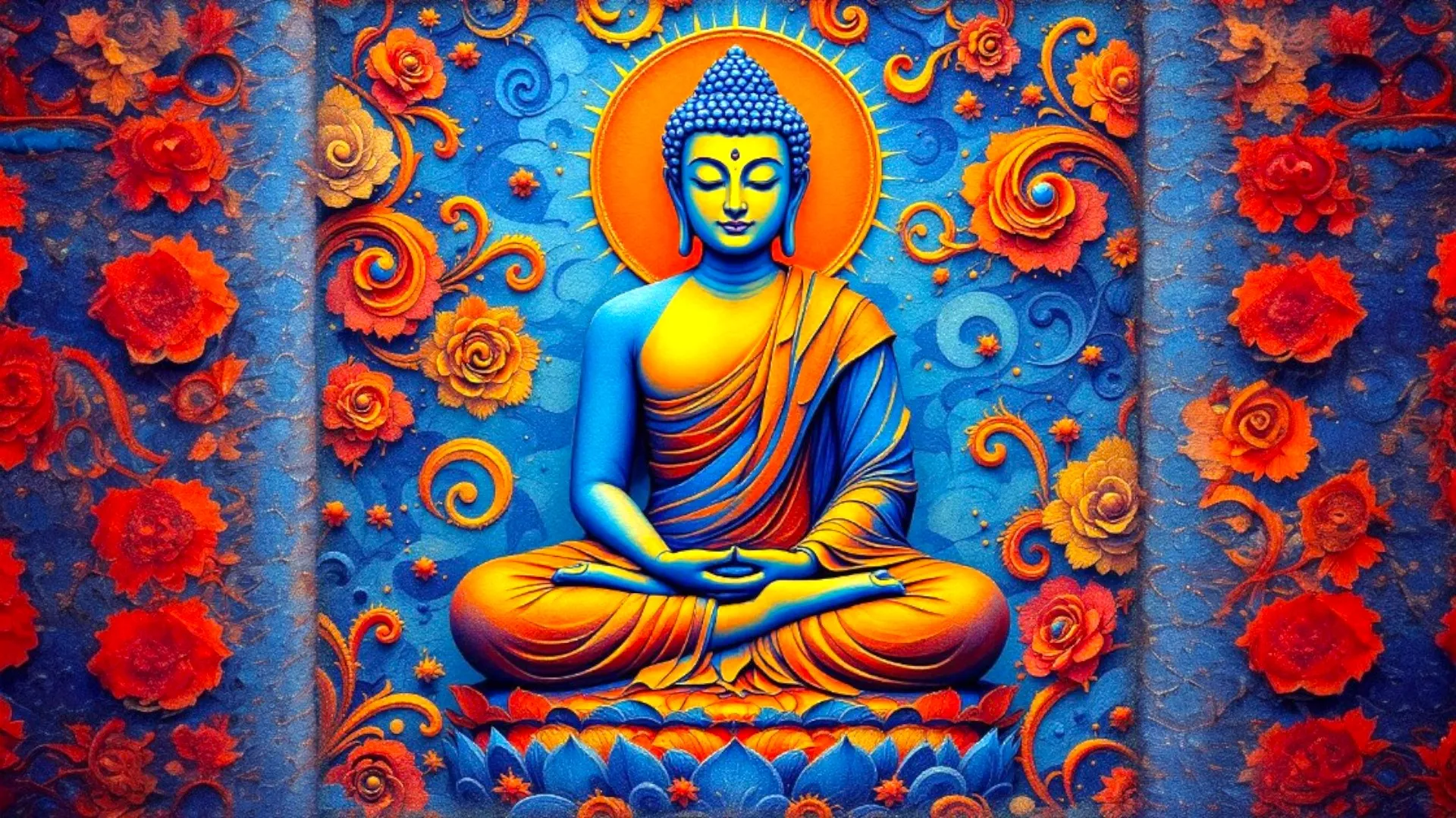 Colorful artwork of a seated Buddha in blue and orange hues, surrounded by stylized flowers and swirling patterns.