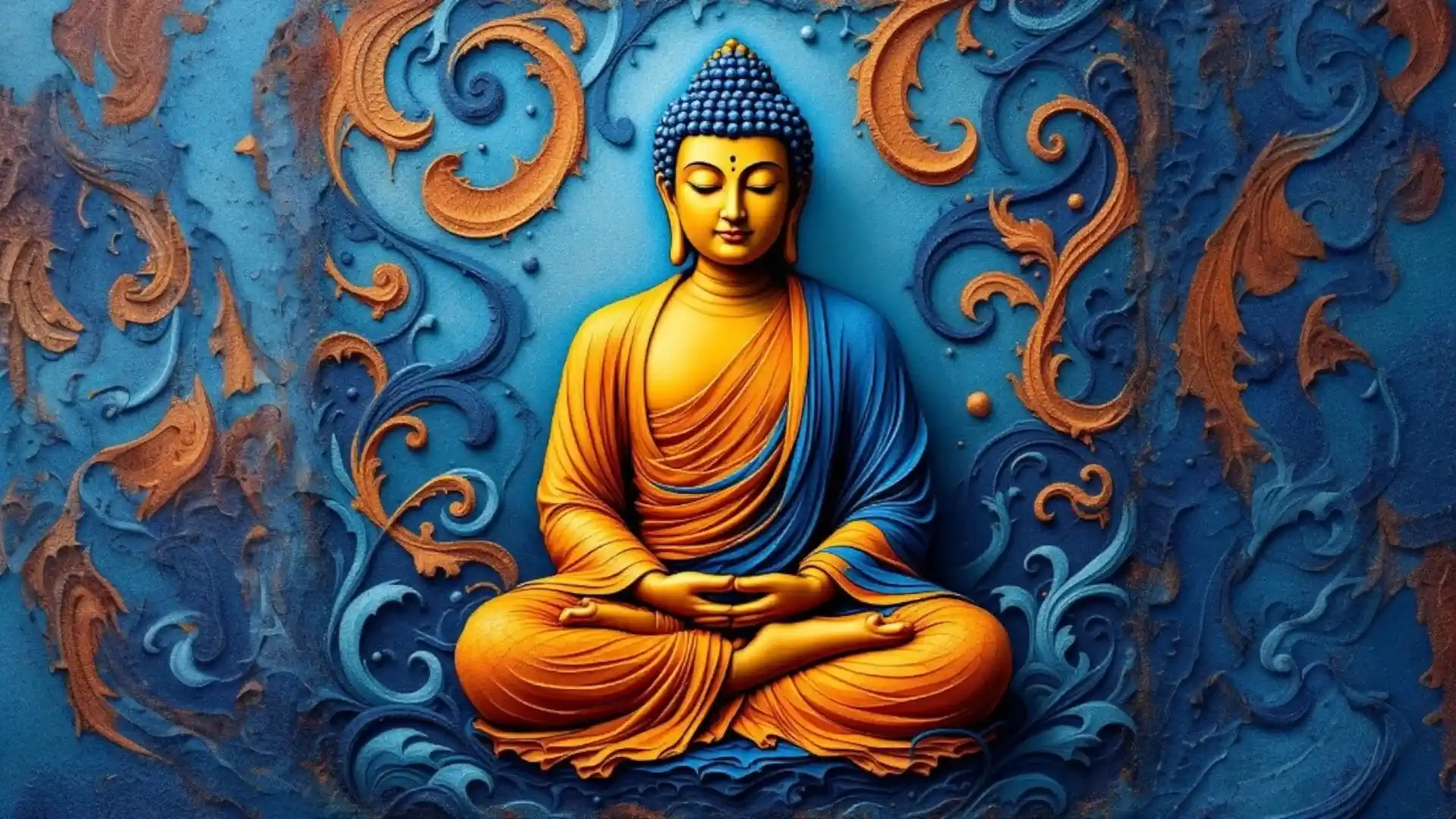 An artistic depiction of a seated Buddha, featuring vibrant orange and blue colors against an intricate background of swirls and patterns.