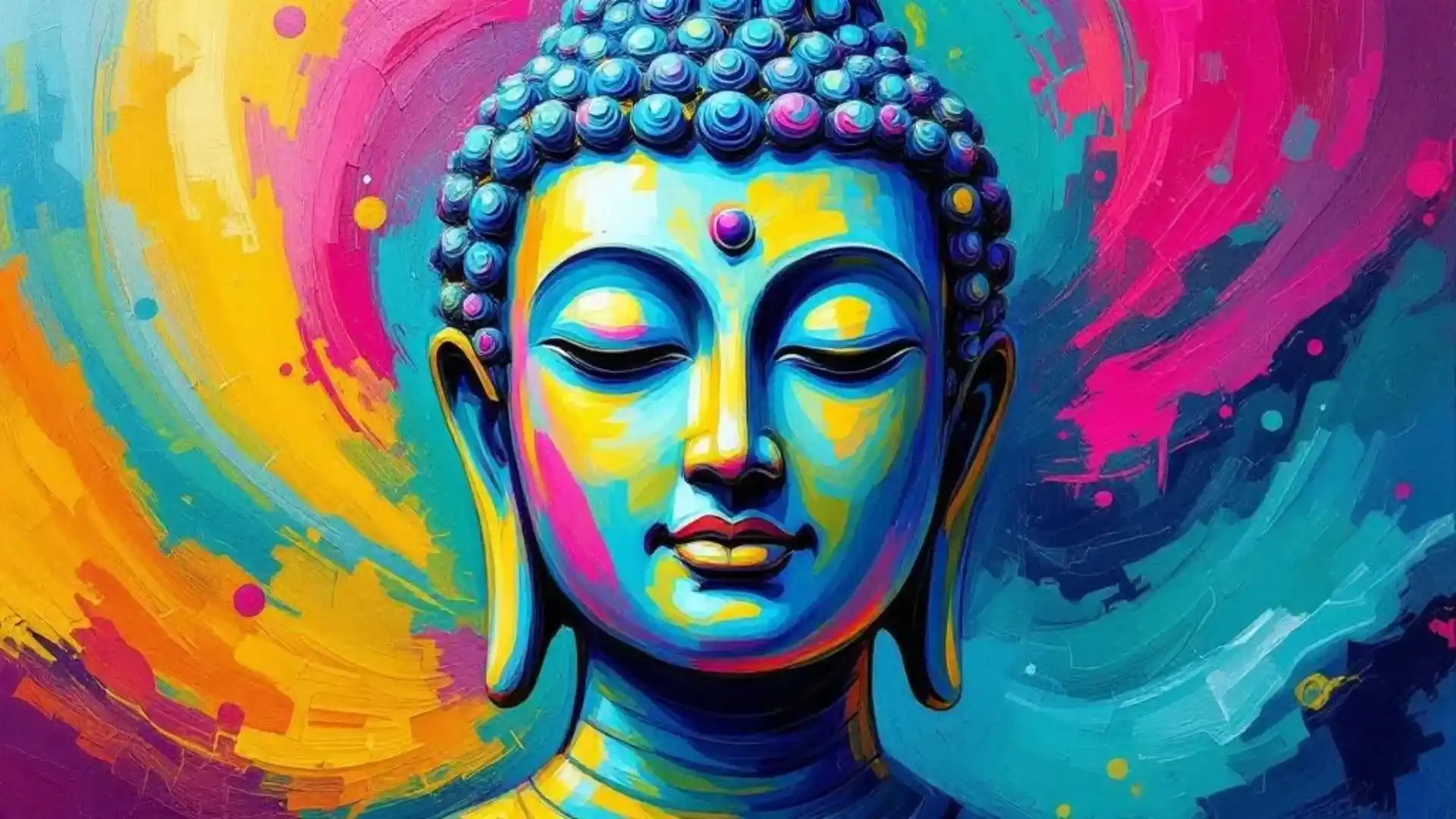 A colorful, abstract representation of a Buddha figure with closed eyes, surrounded by swirling hues of blue, pink, and yellow.