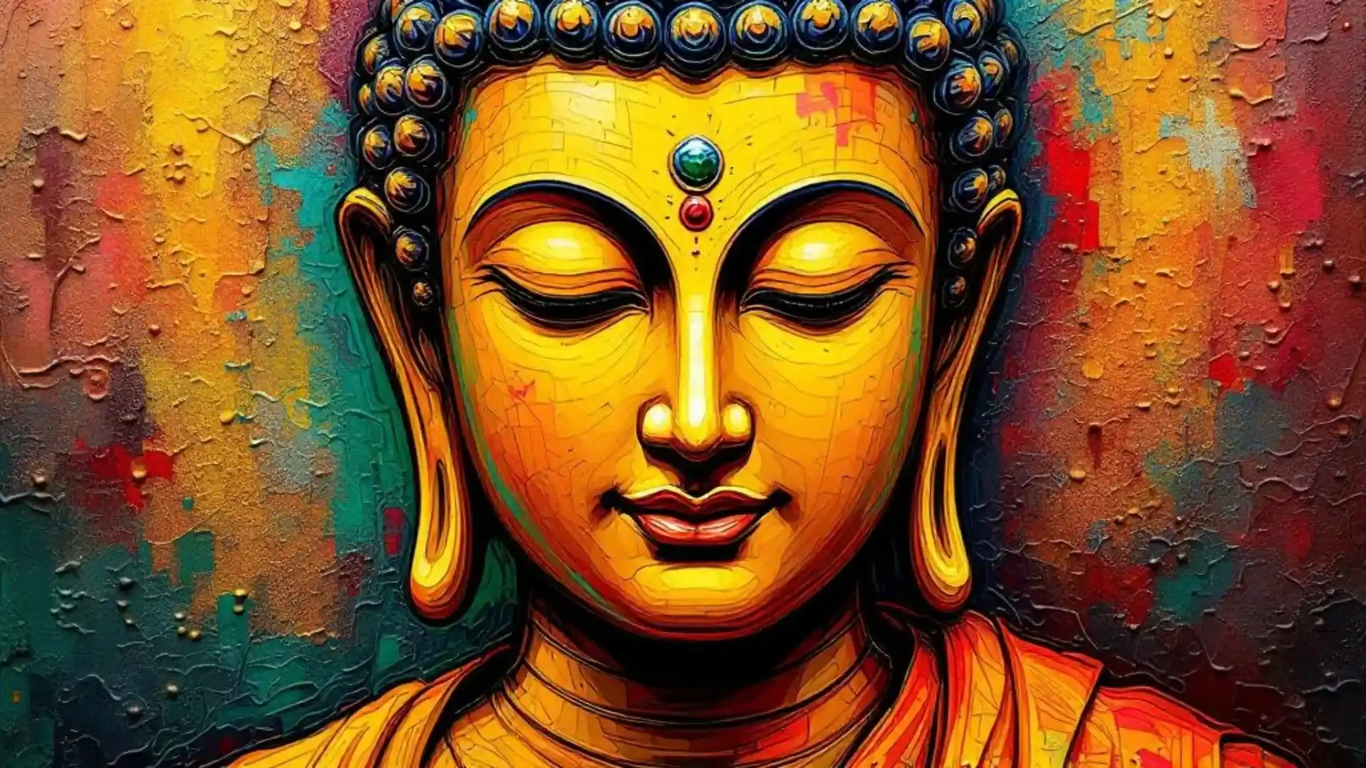 A colorful abstract depiction of a Buddha's face, featuring golden hues, intricate details, and expressive eyes closed in meditation.