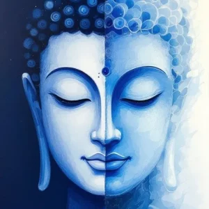 An artwork depicting a dual-sided representation of Buddha's face, split vertically with one side darker blue and the other lighter, both featuring closed eyes and a peaceful expression.