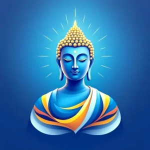 Artistic illustration of a Buddha figure with blue skin and an illuminated halo, set against a gradient blue background.