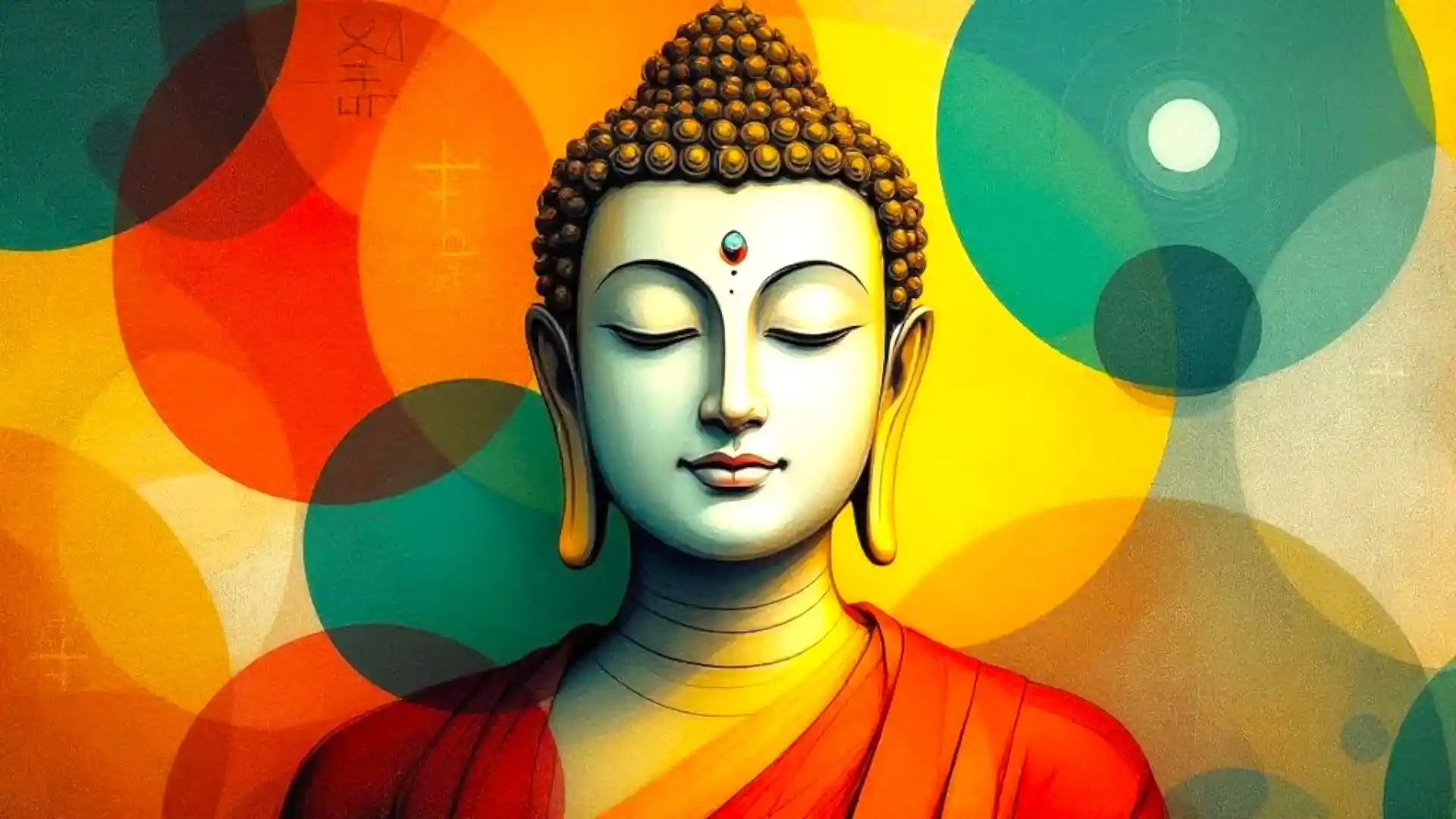Artistic depiction of a Buddha figure with closed eyes, adorned in an orange robe, set against a vibrant background of colorful circles.