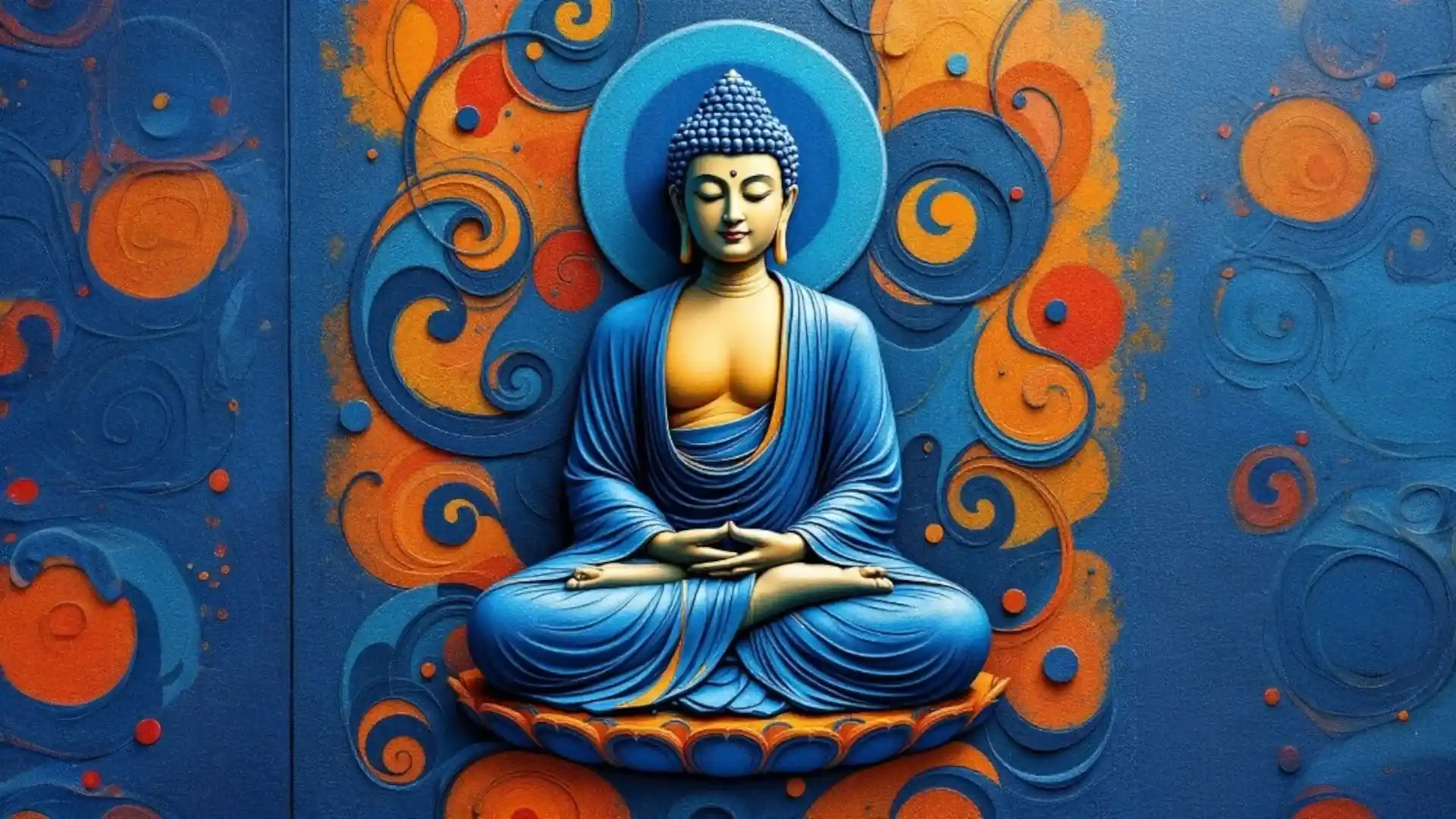 A stylized sculpture of Buddha in meditation, adorned with blue robes and set against a colorful background of swirling blues and oranges.