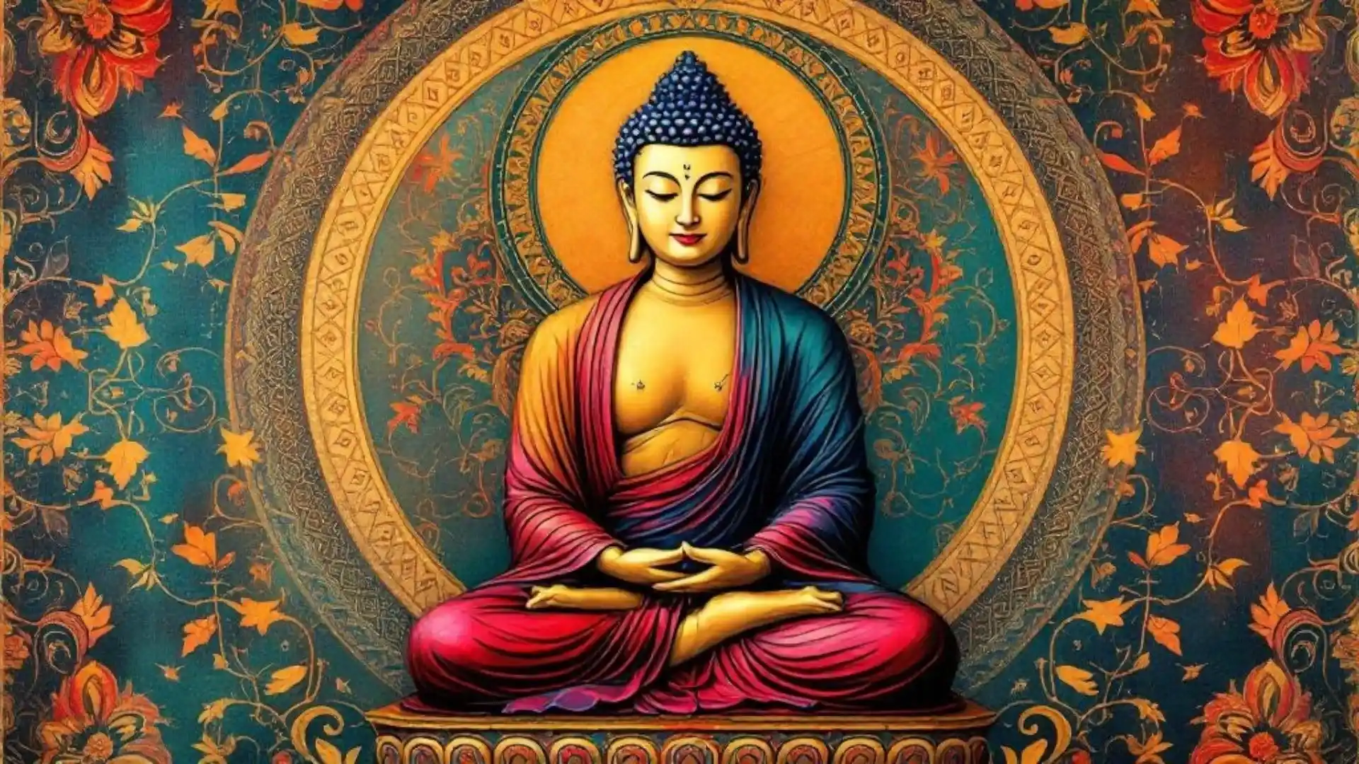 A colorful artistic depiction of Buddha seated in meditation, adorned with intricate patterns and floral designs in the background.