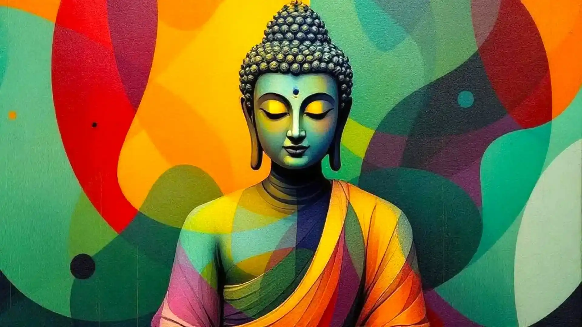 A colorful mural of Buddha surrounded by abstract shapes in shades of green, orange, and purple, blending traditional and modern artistic styles.