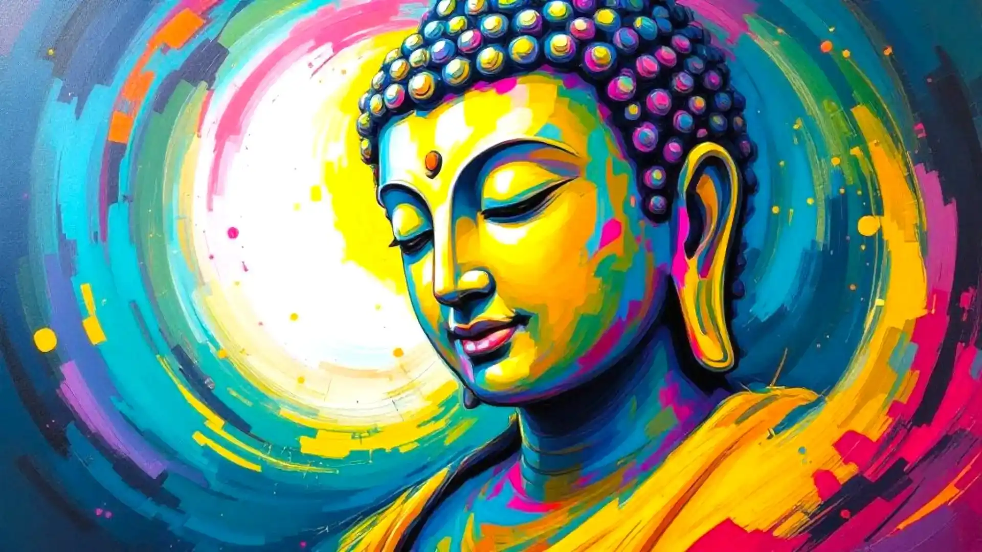 A colorful artistic portrayal of Buddha with a serene expression, surrounded by swirling bright colors in the background.