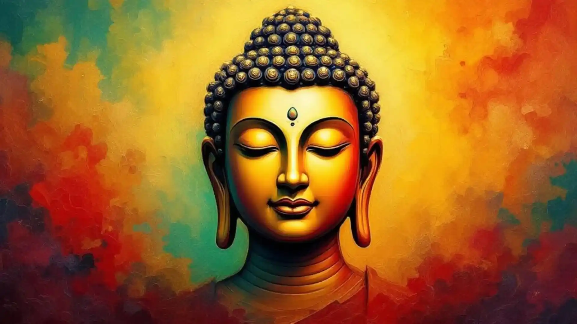 Artistic portrayal of Buddha's face, with a golden hue and colorful background.