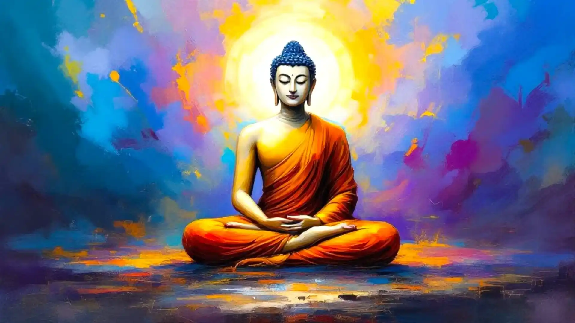 An artistic representation of a meditating figure draped in an orange robe, surrounded by a vibrant, colorful background.