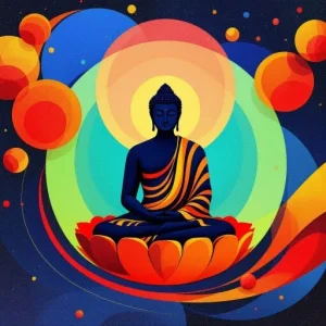 An artistic illustration of a meditating figure resembling a Buddha, seated on a lotus flower with vibrant circles and swirling patterns in the background.