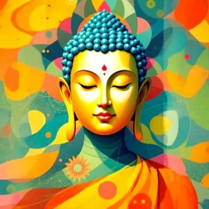 Colorful illustration of a serene Buddha figure, featuring a peaceful expression, adorned with a blue beaded headpiece and surrounded by abstract shapes and bright colors.