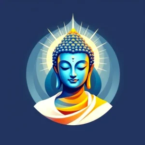 Artistic depiction of Buddha with a colorful halo, featuring a peaceful expression and traditional robe.