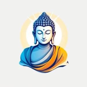 Illustration of a Buddha head wearing a blue robe with an orange sash, surrounded by a radiant light.