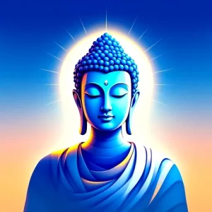 A stylized blue depiction of a Buddha figure with a radiant halo, expressing tranquility and peace.