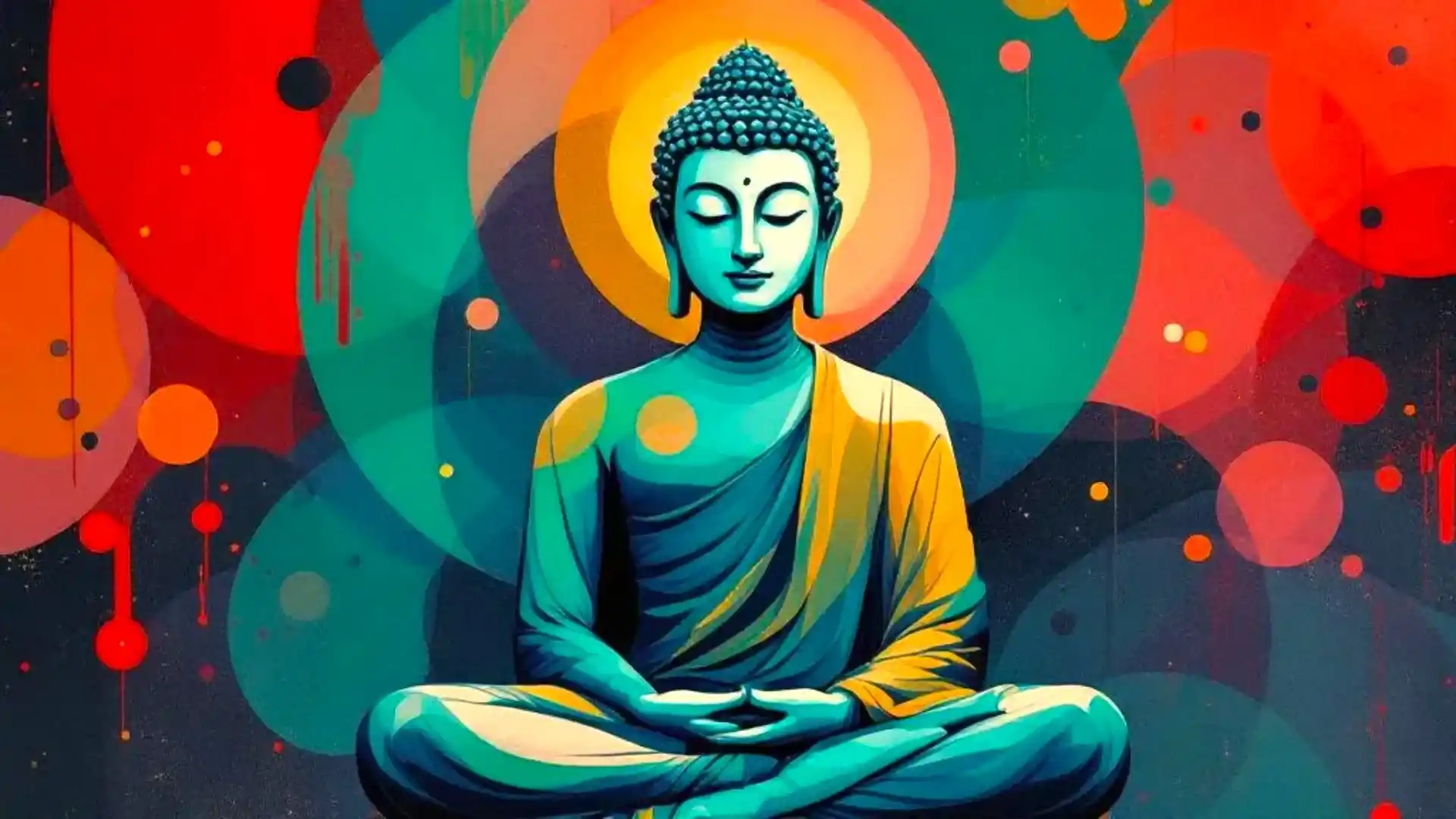 Artistic depiction of Buddha meditating, surrounded by colorful abstract circles in shades of red, turquoise, and yellow.