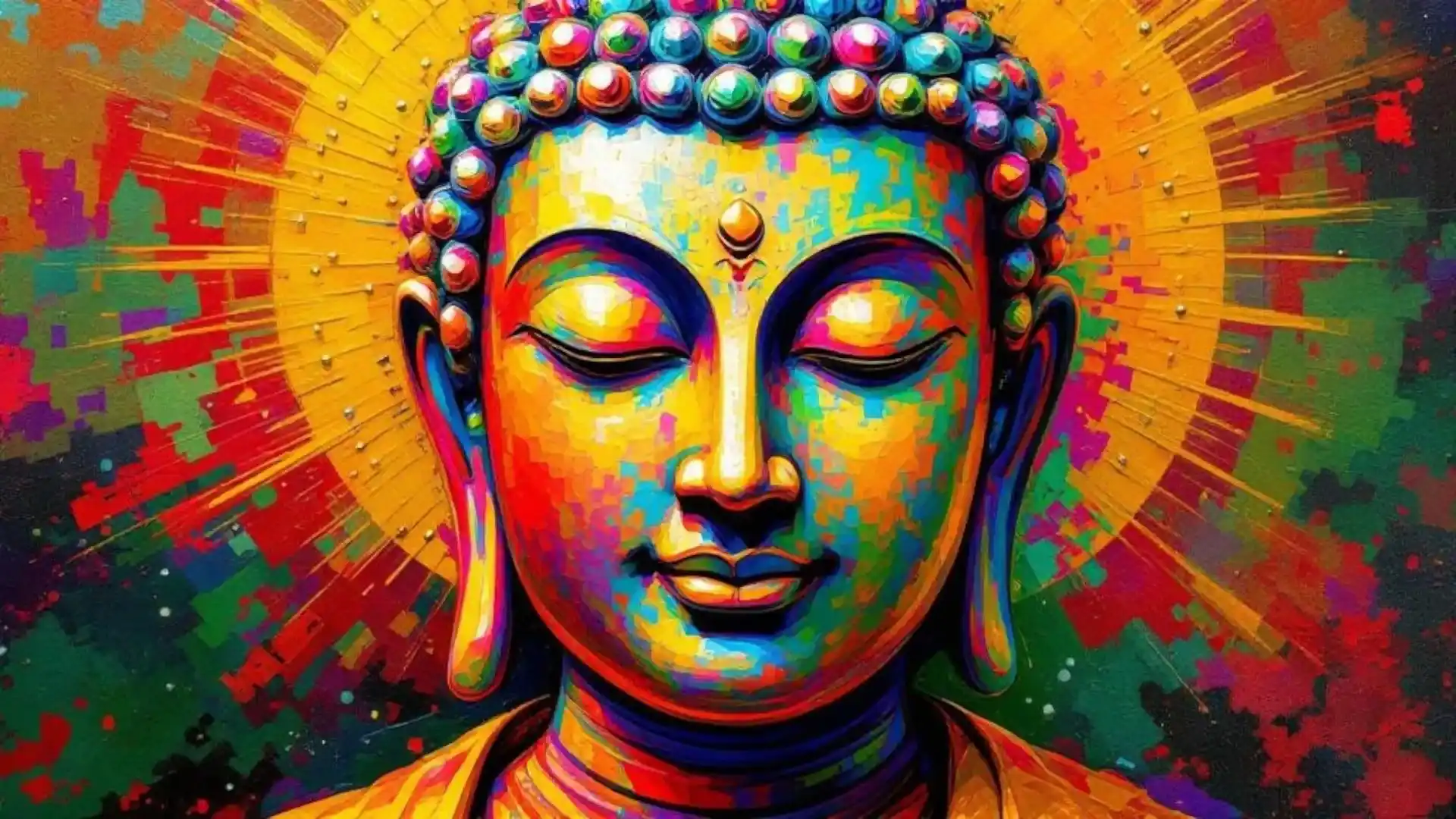 Colorful artwork of a Buddha figure with a serene expression, surrounded by a glowing radiant background in various hues.