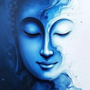 A blue-toned artistic representation of a Buddha face with closed eyes, showcasing a peaceful expression against a lighter background.