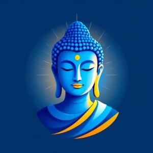 Stylized blue Buddha head with a serene expression, surrounded by a soft light.