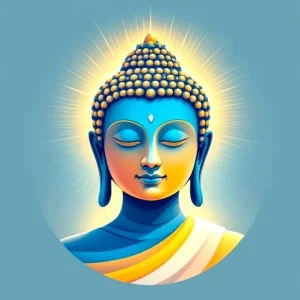 Stylized illustration of a blue Buddha's face with a golden aura, closed eyes, and serene expression, wearing a white and yellow garment.
