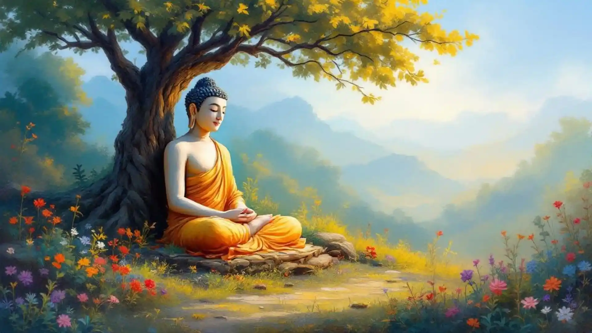 A stylized image of a meditating figure under a tree, surrounded by colorful flowers and mountains in the background.