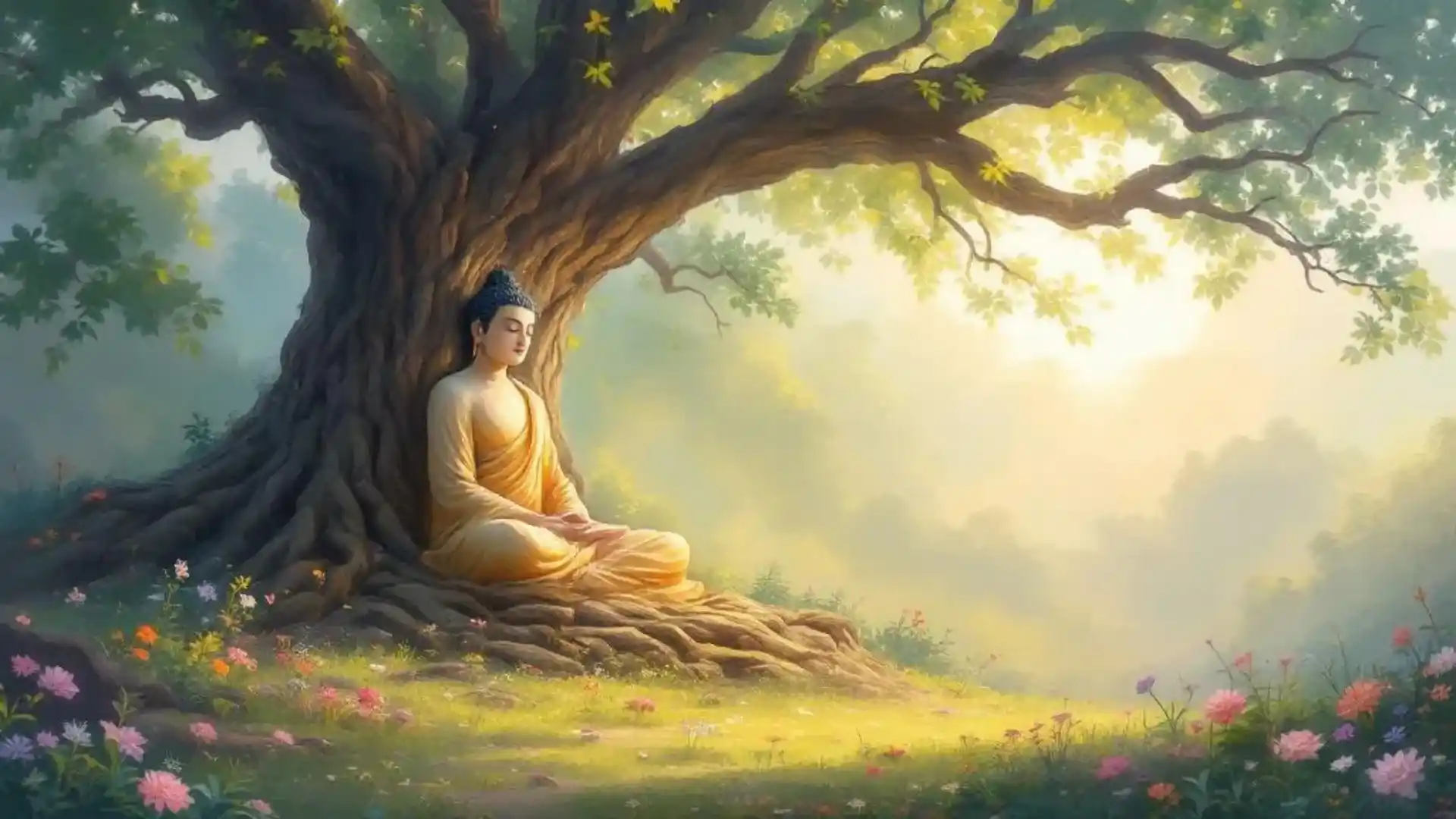 A serene figure meditating under a large tree with lush green leaves, surrounded by blooming flowers in a soft, mystical light.