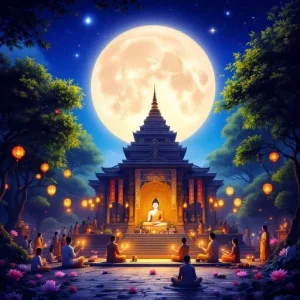 A beautifully illuminated temple with a statue of Buddha surrounded by worshippers sitting in meditation, under a bright full moon and decorated with lanterns and lotus flowers.