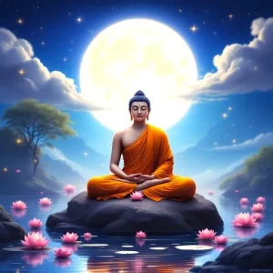 A calm scene featuring a meditative figure in orange robes seated on a rock, surrounded by lotus flowers in a tranquil body of water, under a bright full moon against a starry sky.