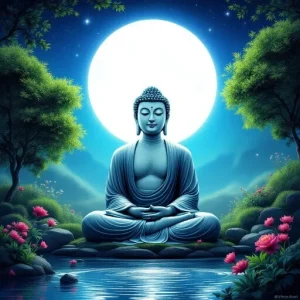 A tranquil digital illustration of a seated Buddha figure surrounded by a serene landscape, with a full moon illuminating the night sky and pink lotus flowers in the foreground.