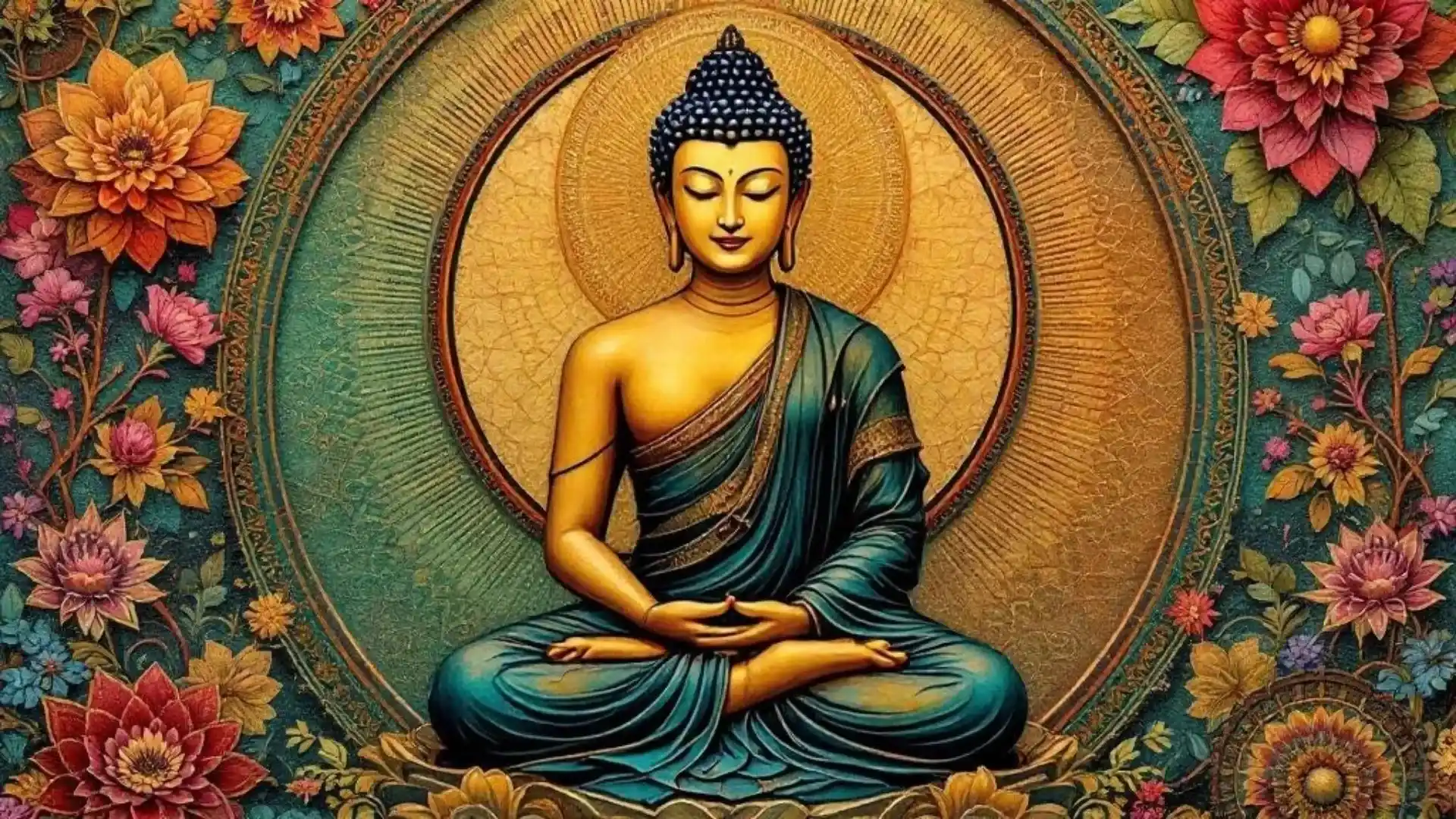 An artistic representation of a seated Buddha surrounded by intricate floral motifs in vivid colors.
