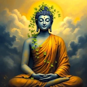 A serene depiction of Buddha seated in meditation, surrounded by vines and bathed in golden light.