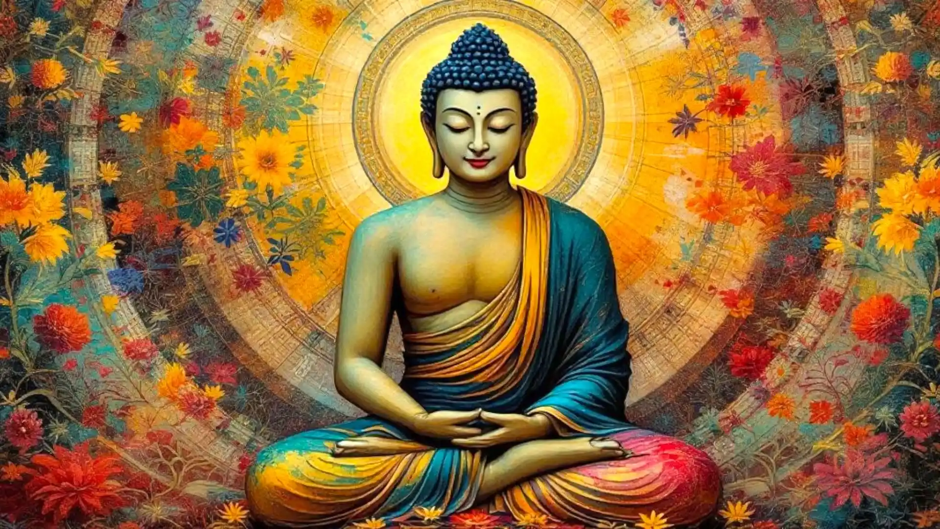 Illustration of a seated Buddha with a calm expression, adorned in colorful robes, set against a bright, floral background.
