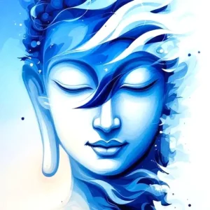 A stylized illustration of a serene Buddha face in shades of blue, with flowing lines and soft features.