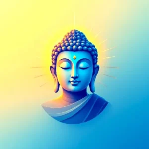 Artistic representation of a Buddha head with a gradient background in soothing colors.