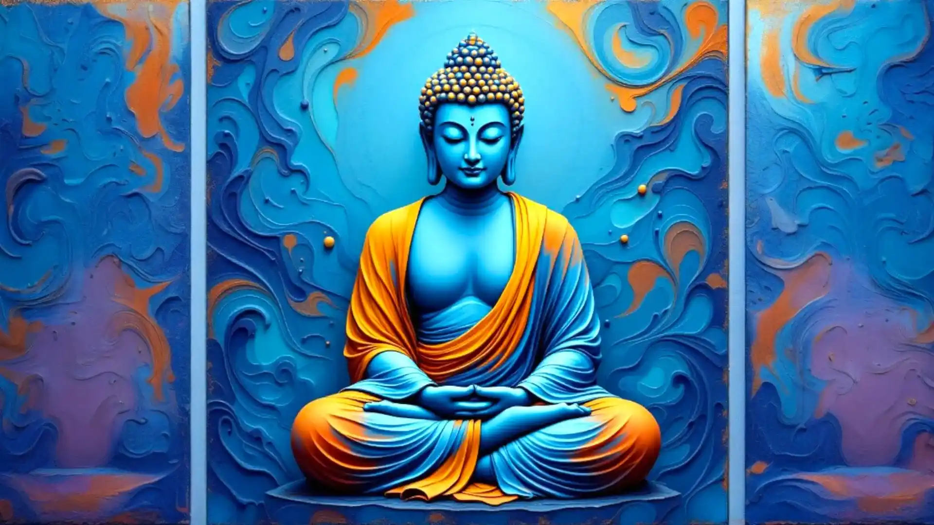A colorful artwork depicting a seated Buddha, with a blue and orange color palette and swirling patterns surrounding the figure.