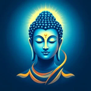 A serene, stylized representation of a Buddha head with a blue color scheme, surrounded by a radiant halo.