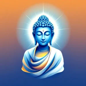 Stylized depiction of a blue Buddha figure with a glowing halo against a gradient background of orange and blue.