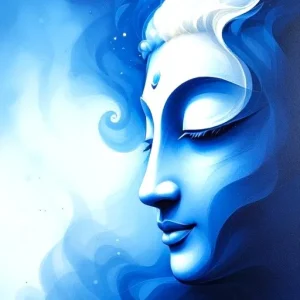 Artistic representation of a serene face in shades of blue, featuring flowing hair and delicate facial features.