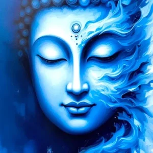 Close-up of a blue stylized Buddha face with closed eyes, surrounded by flowing blue elements.