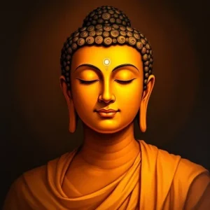 A glowing golden statue of the Buddha with closed eyes and a serene expression, wearing a robe.