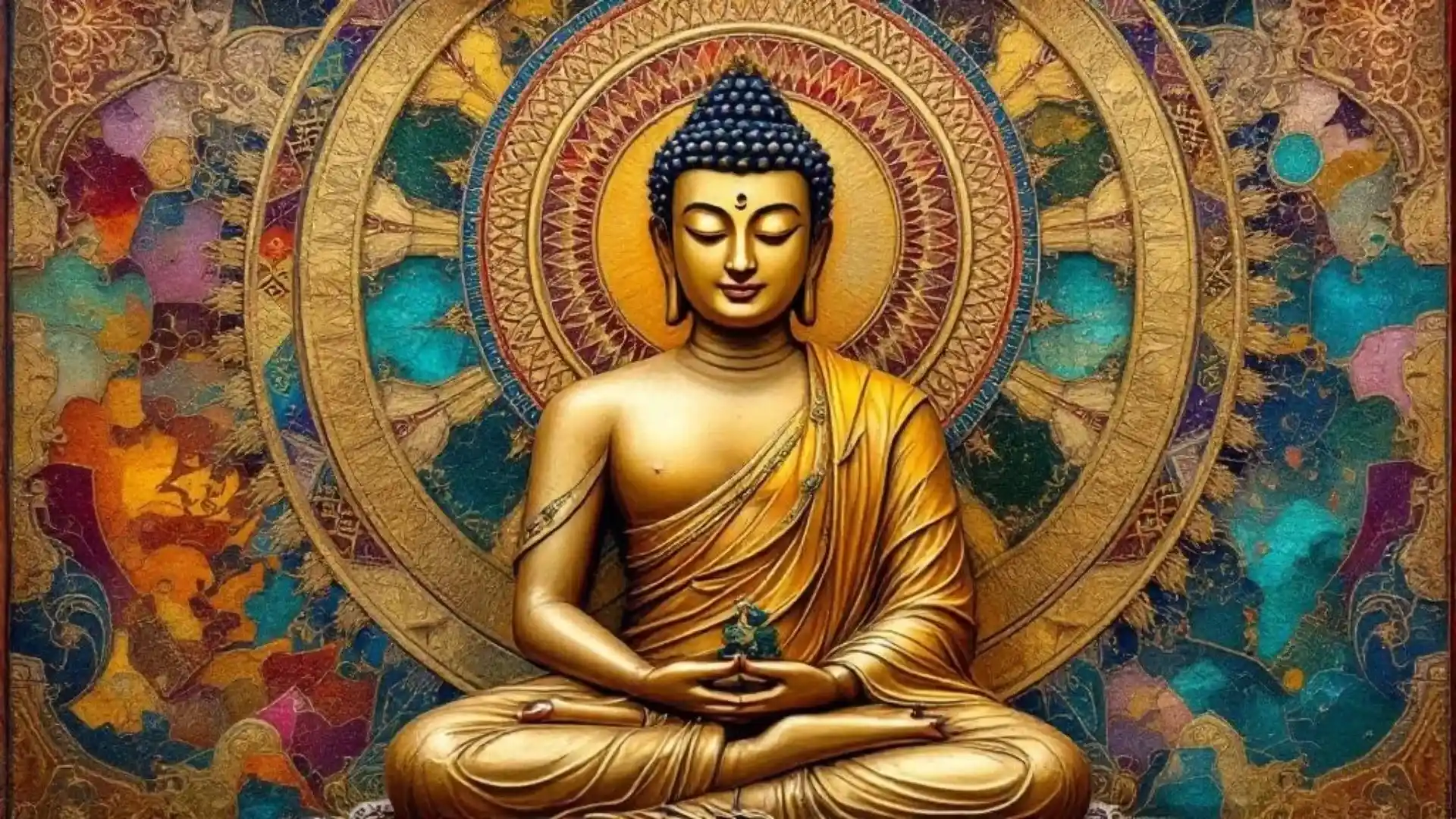 A golden statue of Buddha seated in meditation, surrounded by intricate mandala patterns with vibrant colors in the background.