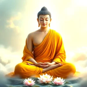 A serene figure of a Buddha sitting cross-legged on clouds, wearing an orange robe, with lotus flowers below.