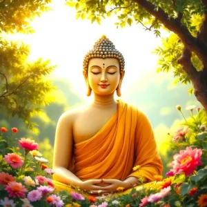 A serene figure of Buddha meditating amidst a lush, sunlit garden filled with colorful flowers.