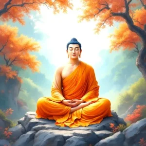 A tranquil depiction of a seated Buddha figure in an orange robe, surrounded by vibrant autumn trees and soft, glowing light in the background.