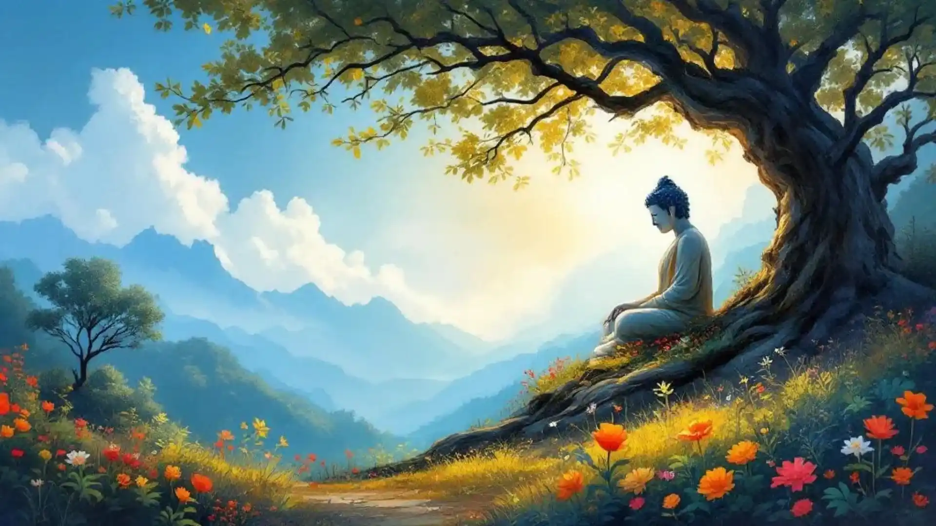 A serene landscape featuring a meditative figure seated beneath a large tree, surrounded by colorful flowers and mountains in the background. The sky is bright with fluffy clouds and hints of sunlight.