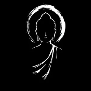 Minimalist silhouette of a seated Buddha figure with a halo, depicted in white against a black background.