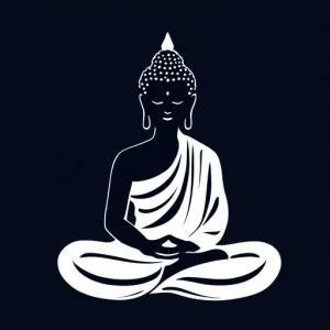 A simplistic, stylized representation of Buddha in a meditative pose, wearing robes and seated cross-legged against a dark background.